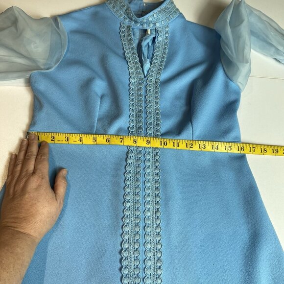 Vtg 70s Womens Dress Light Blue Keyhole Neck Sheer Sleeves Stretch Sz 13/14 - Picture 6 of 9